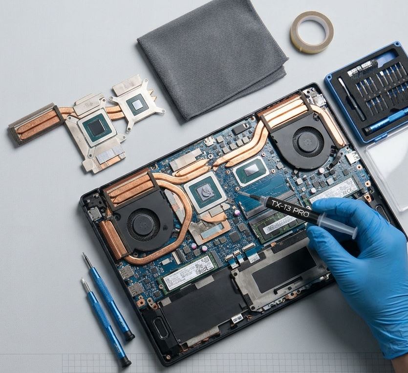 Laptop termal macun değişimi ve bakımı yapılan Şen Bilgisayar atölye masası